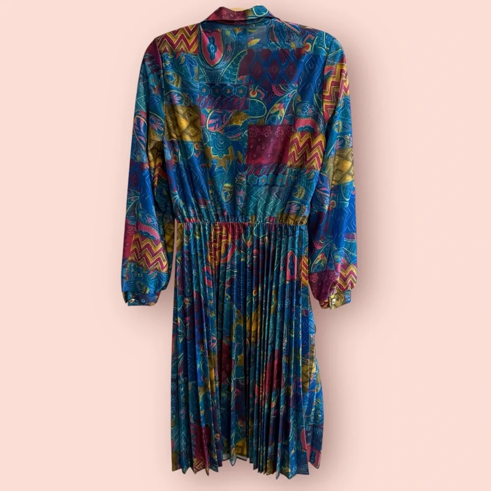 Vintage 80s Pleated Midi Dress | Jewel Tone Abstract Print Button Front - Picture 4 of 6